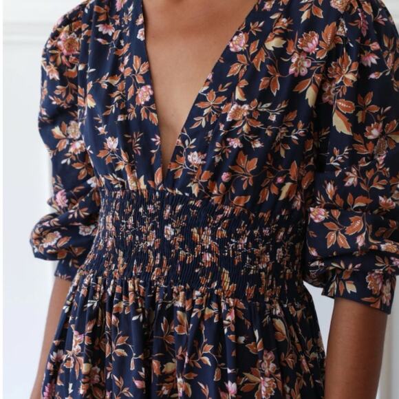 Mille Resort Camille 100% Cotton Smocked Midi Dress Montmarte Floral L - Picture 3 of 10